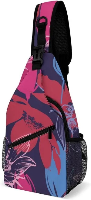 Tulips Red Blue Flowers Sling Bag Crossbody Shoulder Backpack Nature Botany Adjustable Lightweight Travel Hiking Casual Daypack for Men Women