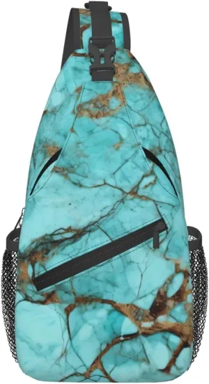 Turquoise Marble Crossbody Bags for Men Women Fashion Sling Backpack Casual Chest Bag Travel Hiking Daypack