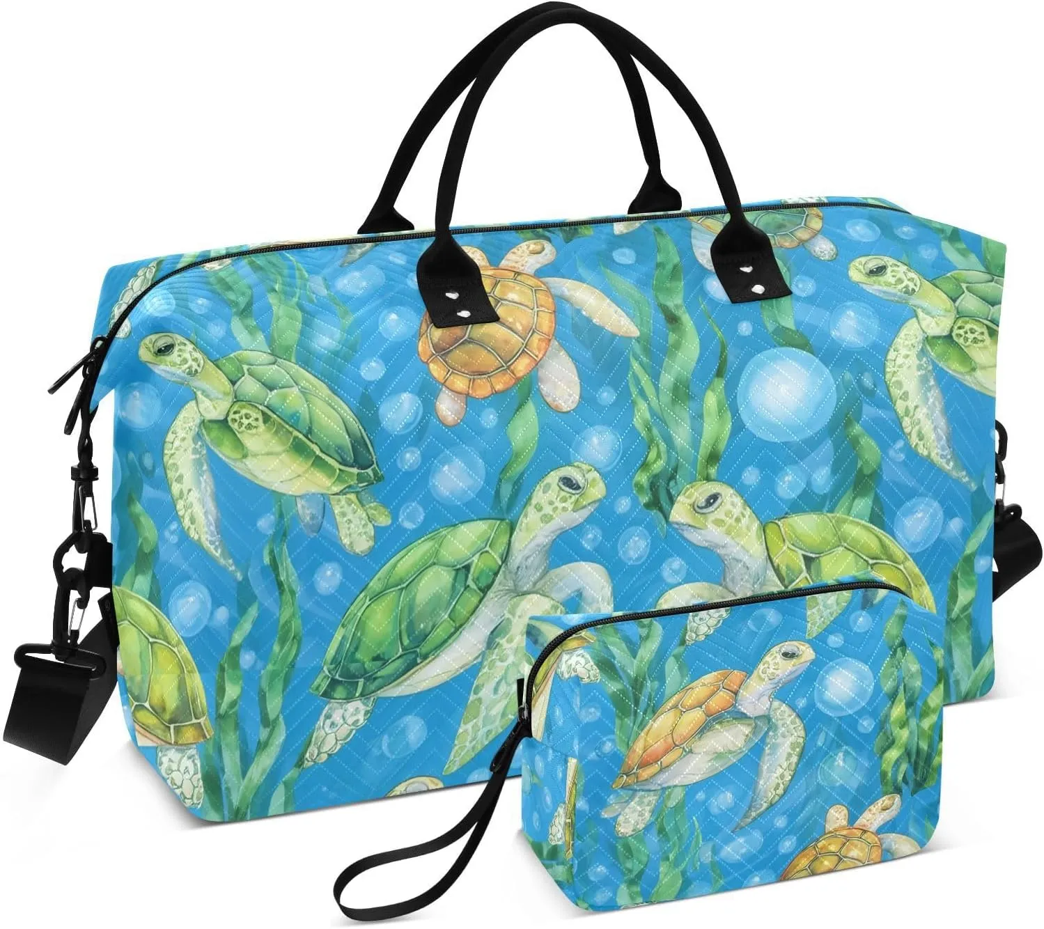 Turtle Algae Bubble Blue Sports Gym Bag for Women Men Travel Duffel Bag Weekend Overnight Carry on Bag with Toiletry Bag Training Handbag for Plane Hospital Swimming Yoga Workout