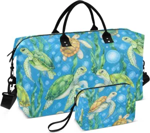 Turtle Algae Bubble Blue Sports Gym Bag for Women Men Travel Duffel Bag Weekend Overnight Carry on Bag with Toiletry Bag Training Handbag for Plane Hospital Swimming Yoga Workout