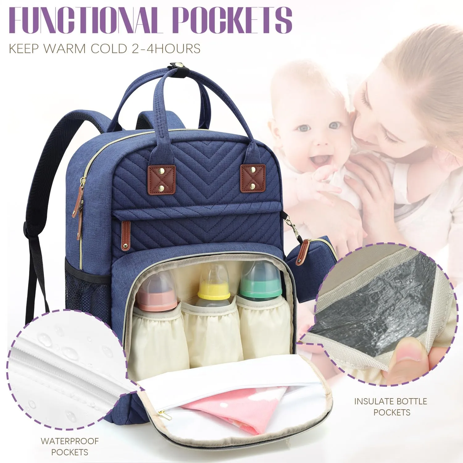 Tuwubi Diaper Bag Backpack, Baby Essentials Travel Tote Bag, Multi function Waterproof Backpacks, Travel Essentials with Stroller Straps & Pacifier Case - Blue