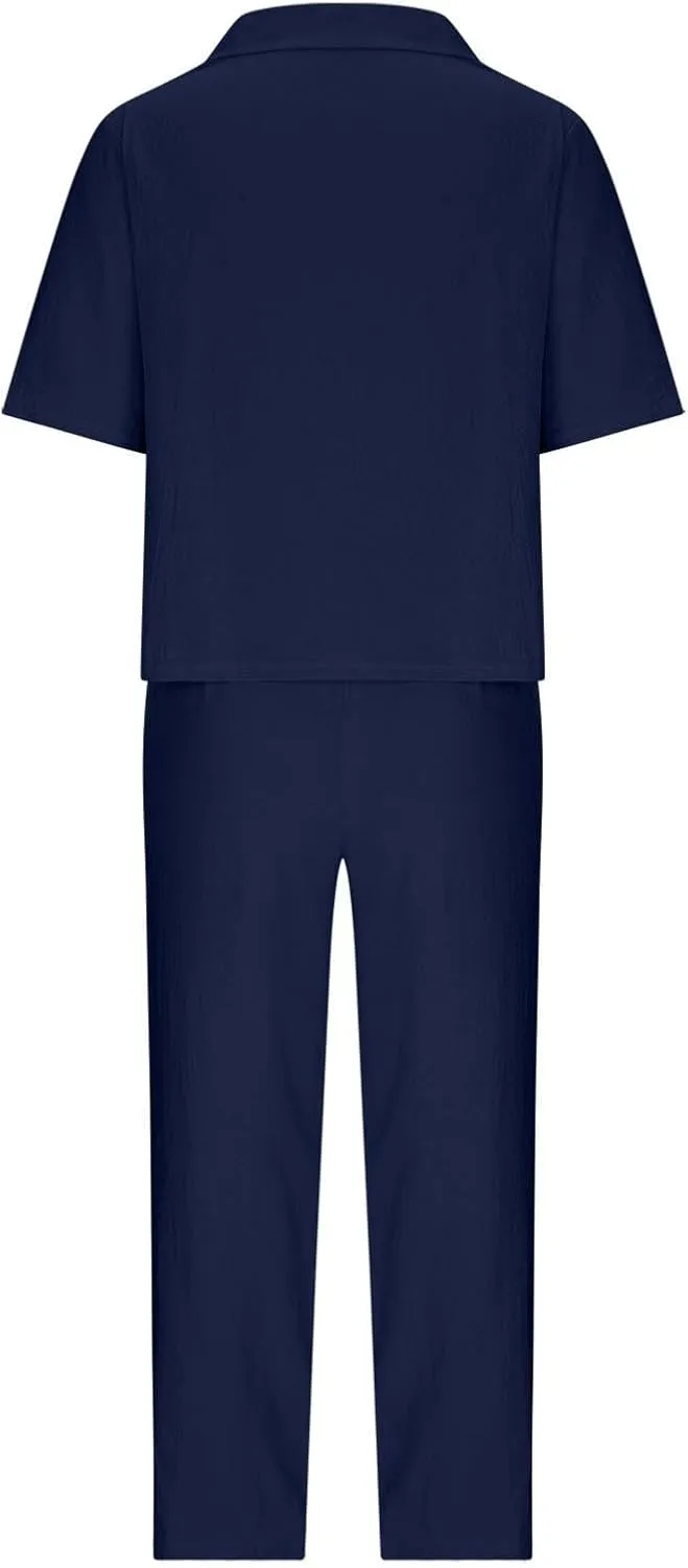 Two Piece Crewneck Sweatshirts Sets Casual Short Sleeved Wide Leg Pant Suit Long Sleeve Shirts Wide Leg Trousers