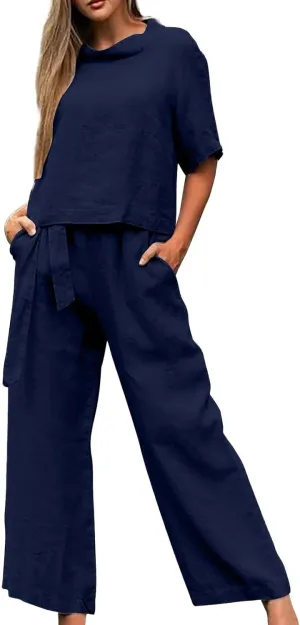 Two Piece Crewneck Sweatshirts Sets Casual Short Sleeved Wide Leg Pant Suit Long Sleeve Shirts Wide Leg Trousers