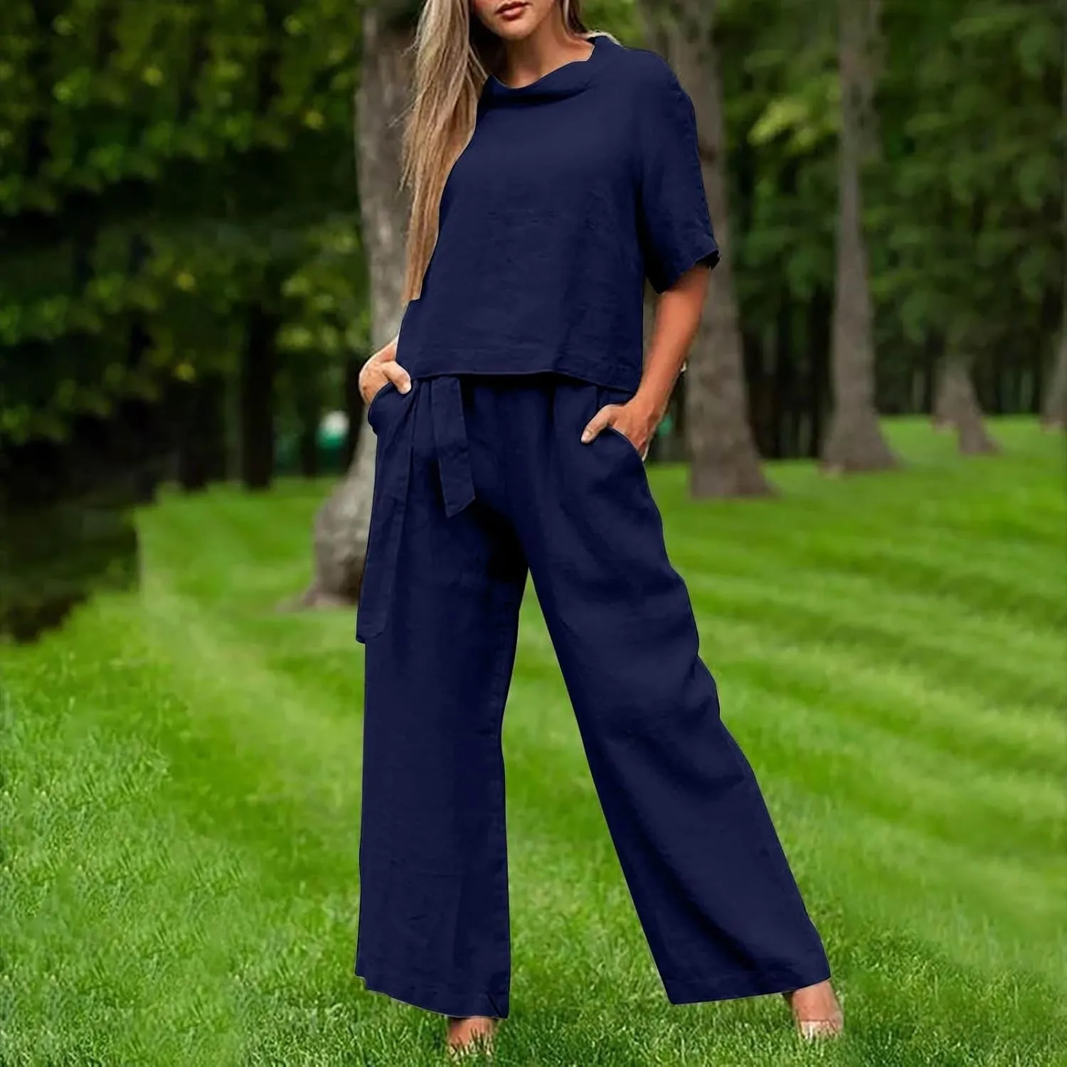 Two Piece Crewneck Sweatshirts Sets Casual Short Sleeved Wide Leg Pant Suit Long Sleeve Shirts Wide Leg Trousers