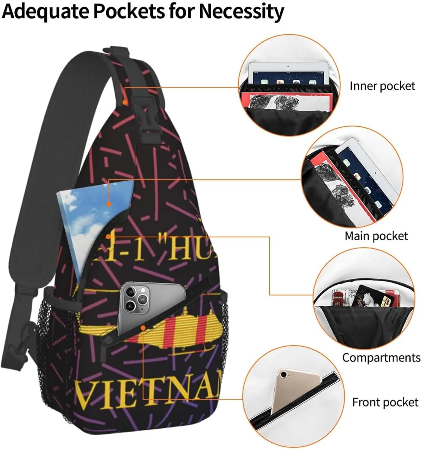 Uh-1 Huey Vietnam Veteran Crossbody For Men Women Sling Chest Bag Shoulder Bag Lightweight One Strap Backpack Multipurpose Travel Hiking Daypack