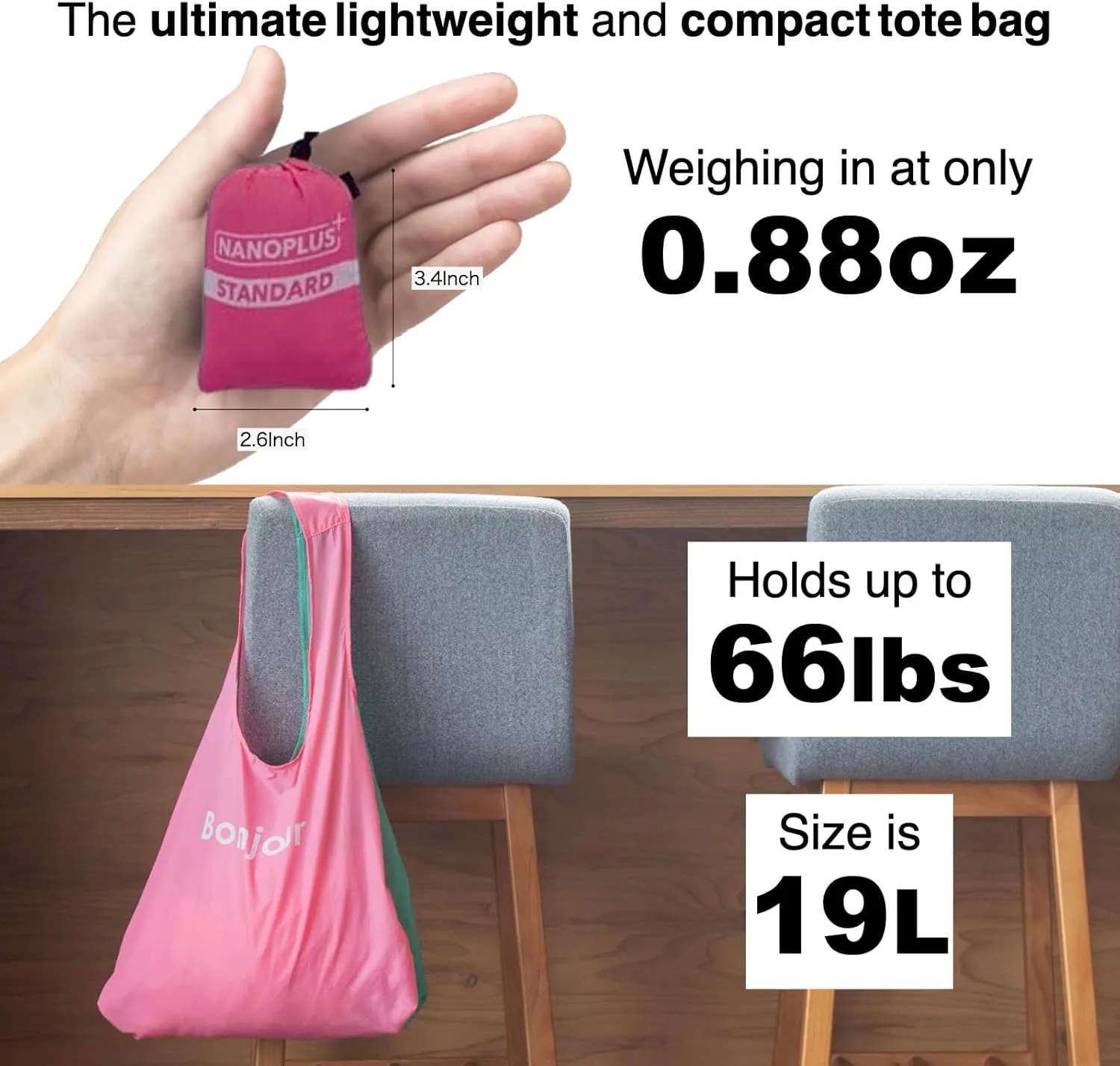Ultimate Packable Travel Tote Bag - Reusable Shopping Bag - Compact & Portable & Lightweight