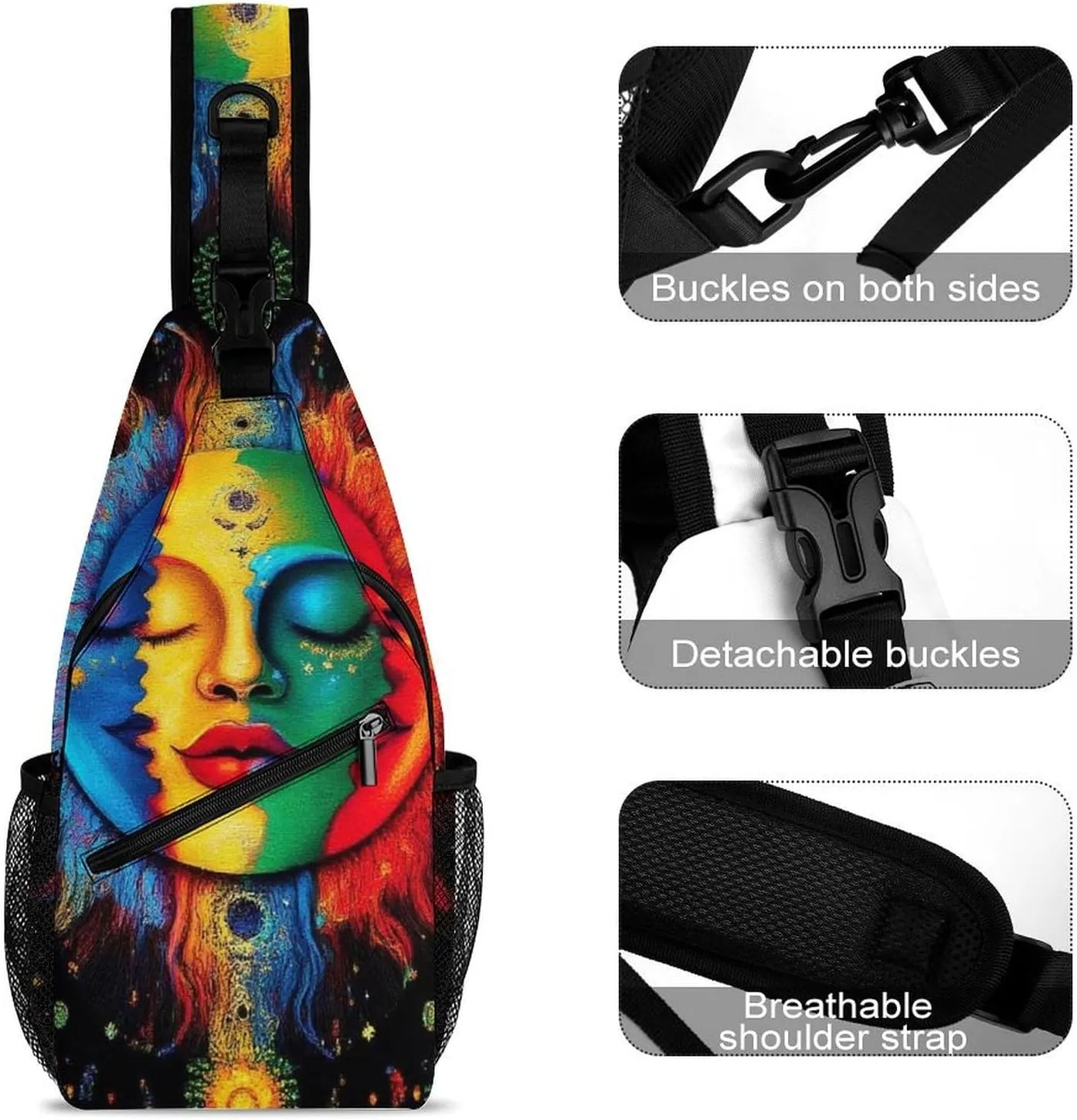 Ultra Lightweight Sling Bag Backpack Crossbody Chest Rucksack Anti-Theft Multipurpose Bag for Bicycle Sport Hiking Travel Camping, Mandala Triple Sun Hippie Trippy Boho Art