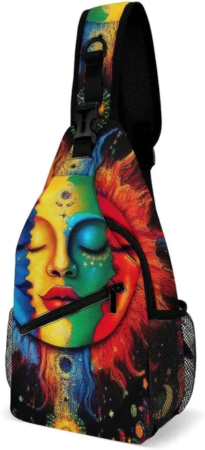 Ultra Lightweight Sling Bag Backpack Crossbody Chest Rucksack Anti-Theft Multipurpose Bag for Bicycle Sport Hiking Travel Camping, Mandala Triple Sun Hippie Trippy Boho Art
