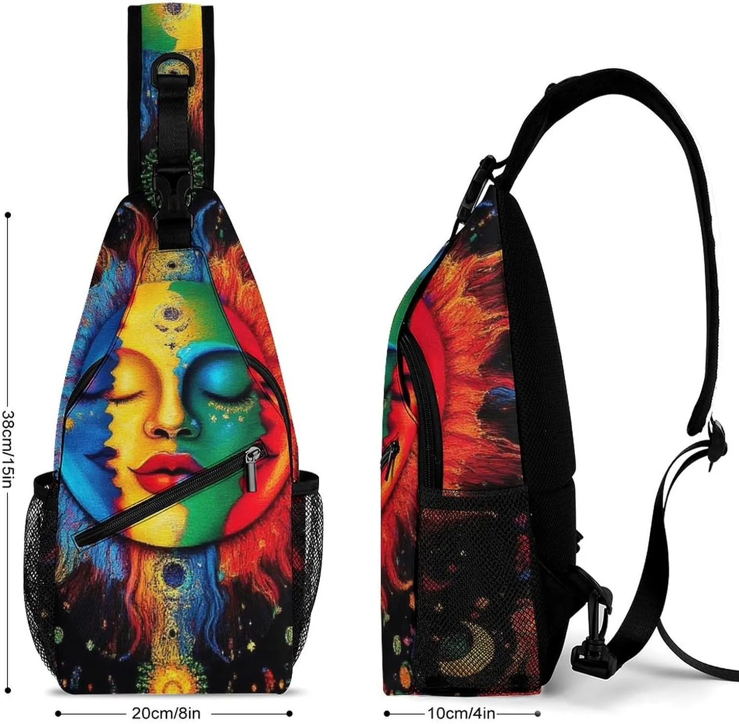 Ultra Lightweight Sling Bag Backpack Crossbody Chest Rucksack Anti-Theft Multipurpose Bag for Bicycle Sport Hiking Travel Camping, Mandala Triple Sun Hippie Trippy Boho Art