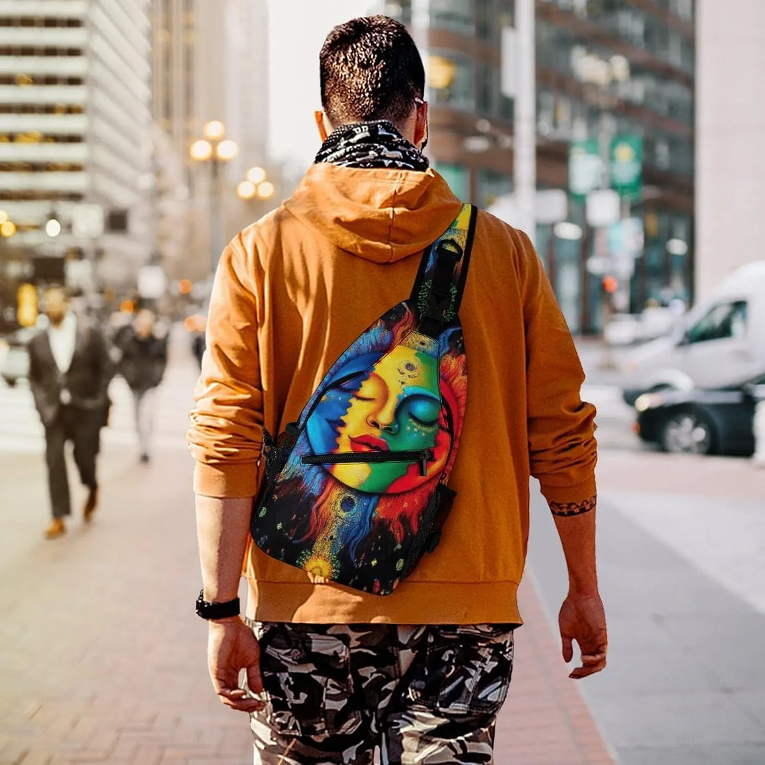 Ultra Lightweight Sling Bag Backpack Crossbody Chest Rucksack Anti-Theft Multipurpose Bag for Bicycle Sport Hiking Travel Camping, Mandala Triple Sun Hippie Trippy Boho Art