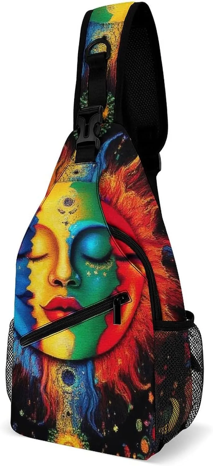 Ultra Lightweight Sling Bag Backpack Crossbody Chest Rucksack Anti-Theft Multipurpose Bag for Bicycle Sport Hiking Travel Camping, Mandala Triple Sun Hippie Trippy Boho Art