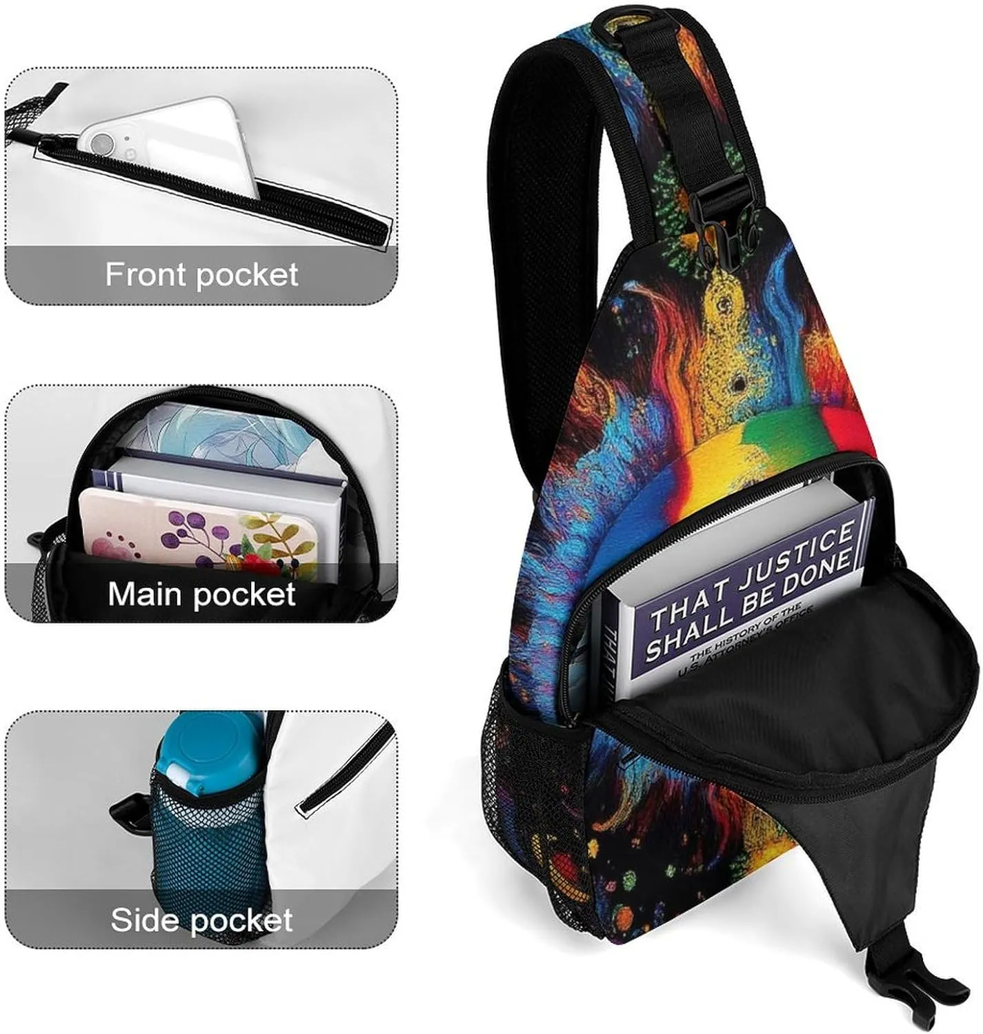 Ultra Lightweight Sling Bag Backpack Crossbody Chest Rucksack Anti-Theft Multipurpose Bag for Bicycle Sport Hiking Travel Camping, Mandala Triple Sun Hippie Trippy Boho Art