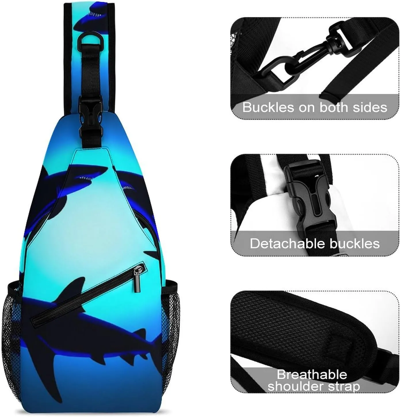 Ultra Lightweight Sling Shoulder Backpack Crossbody Daypacks Chest Shoulder Packs Multipurpose Anti-Theft Bag for Hiking Cycling Walking Dog, Ocean Blue Sea Floating Sharks
