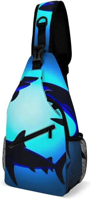 Ultra Lightweight Sling Shoulder Backpack Crossbody Daypacks Chest Shoulder Packs Multipurpose Anti-Theft Bag for Hiking Cycling Walking Dog, Ocean Blue Sea Floating Sharks