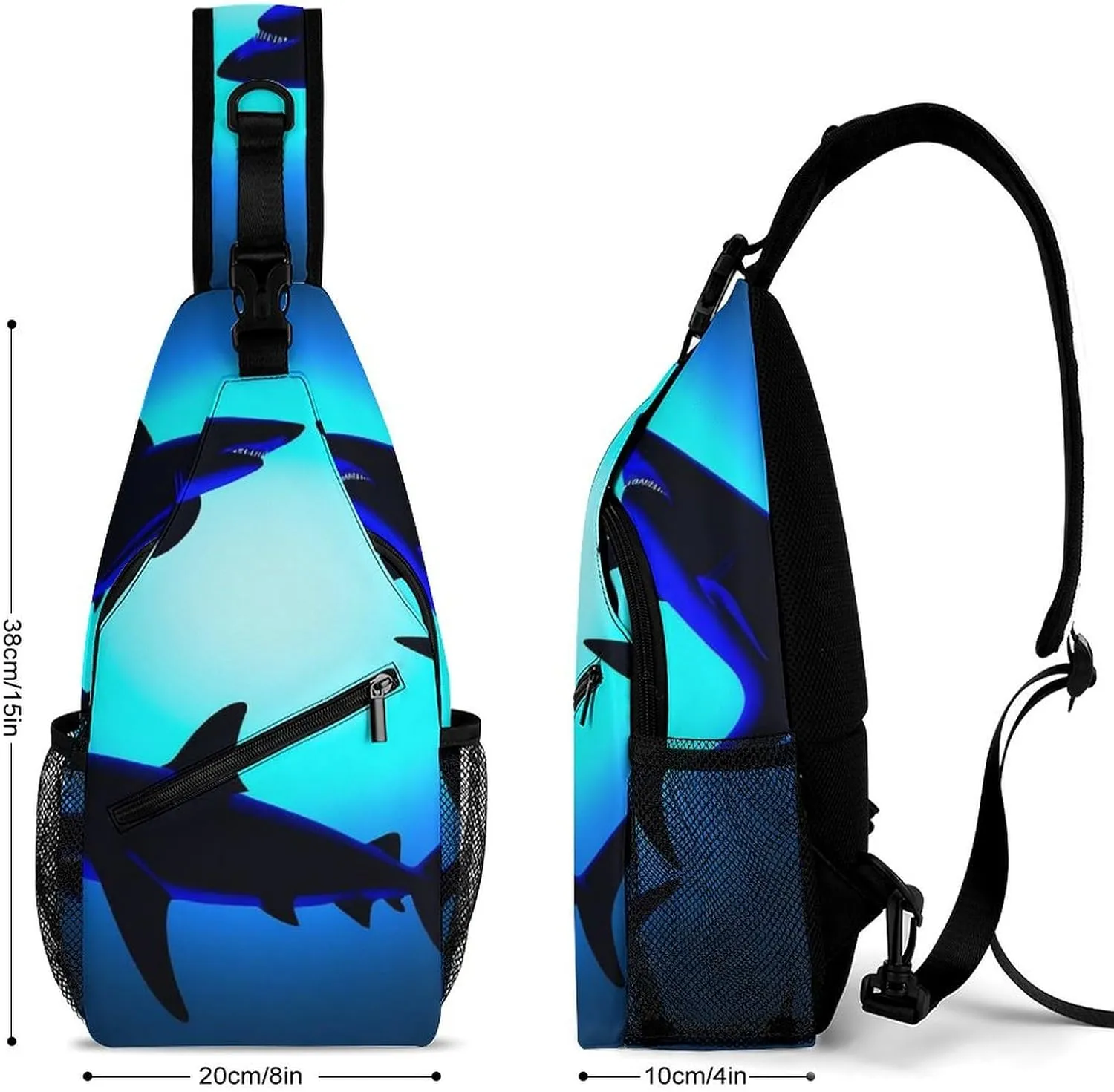 Ultra Lightweight Sling Shoulder Backpack Crossbody Daypacks Chest Shoulder Packs Multipurpose Anti-Theft Bag for Hiking Cycling Walking Dog, Ocean Blue Sea Floating Sharks