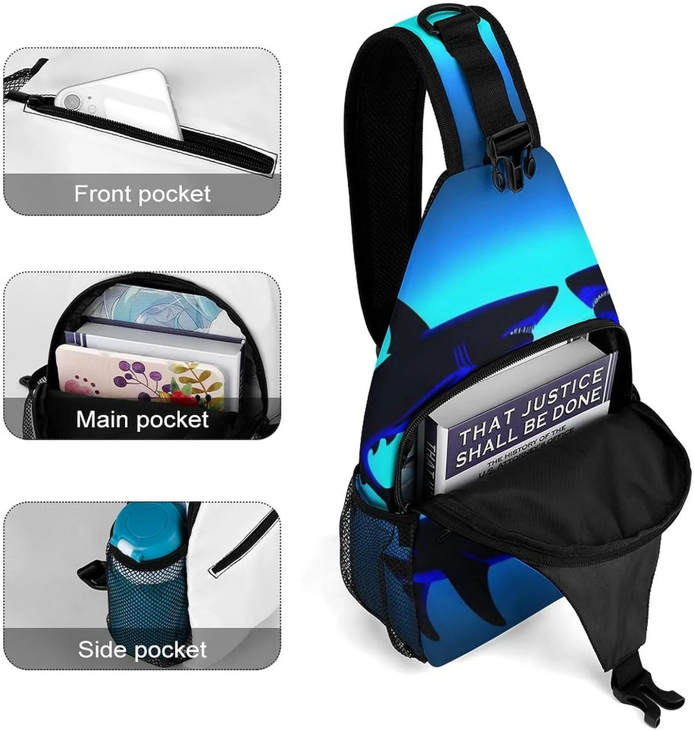 Ultra Lightweight Sling Shoulder Backpack Crossbody Daypacks Chest Shoulder Packs Multipurpose Anti-Theft Bag for Hiking Cycling Walking Dog, Ocean Blue Sea Floating Sharks