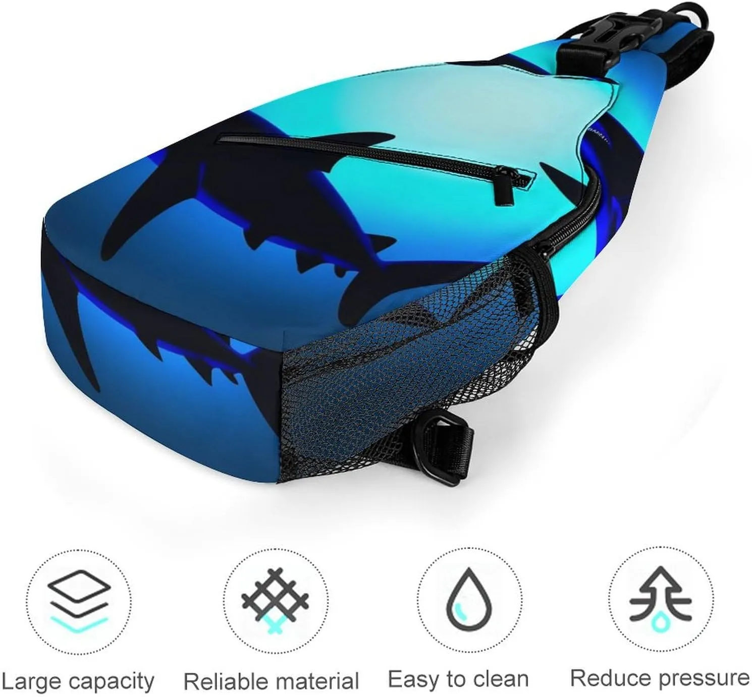 Ultra Lightweight Sling Shoulder Backpack Crossbody Daypacks Chest Shoulder Packs Multipurpose Anti-Theft Bag for Hiking Cycling Walking Dog, Ocean Blue Sea Floating Sharks