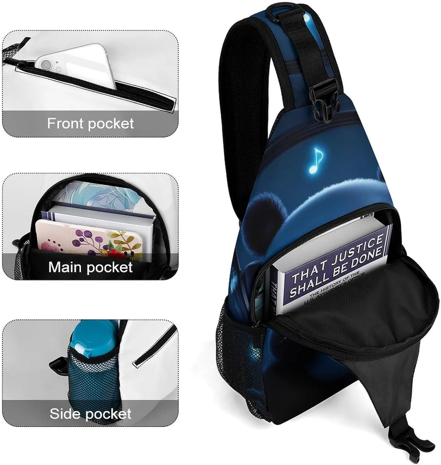 Ultra Lightweight Sling Shoulder Backpack Shoulder Chest Crossbody Bag Multipurpose Anti-Theft Daypack for Hiking Cycling Camping Travel, Black And White Panda Animal Headphones Music Panda Bookbag