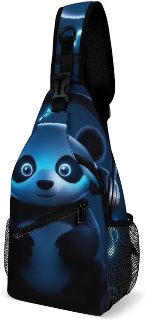 Ultra Lightweight Sling Shoulder Backpack Shoulder Chest Crossbody Bag Multipurpose Anti-Theft Daypack for Hiking Cycling Camping Travel, Black And White Panda Animal Headphones Music Panda Bookbag