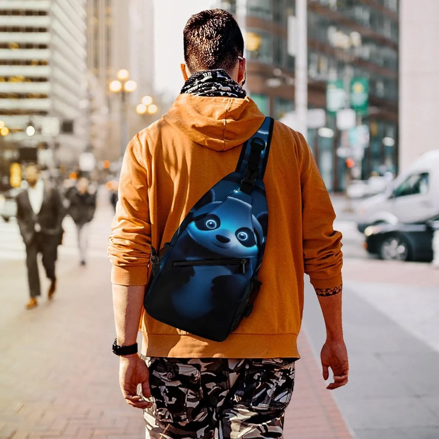 Ultra Lightweight Sling Shoulder Backpack Shoulder Chest Crossbody Bag Multipurpose Anti-Theft Daypack for Hiking Cycling Camping Travel, Black And White Panda Animal Headphones Music Panda Bookbag