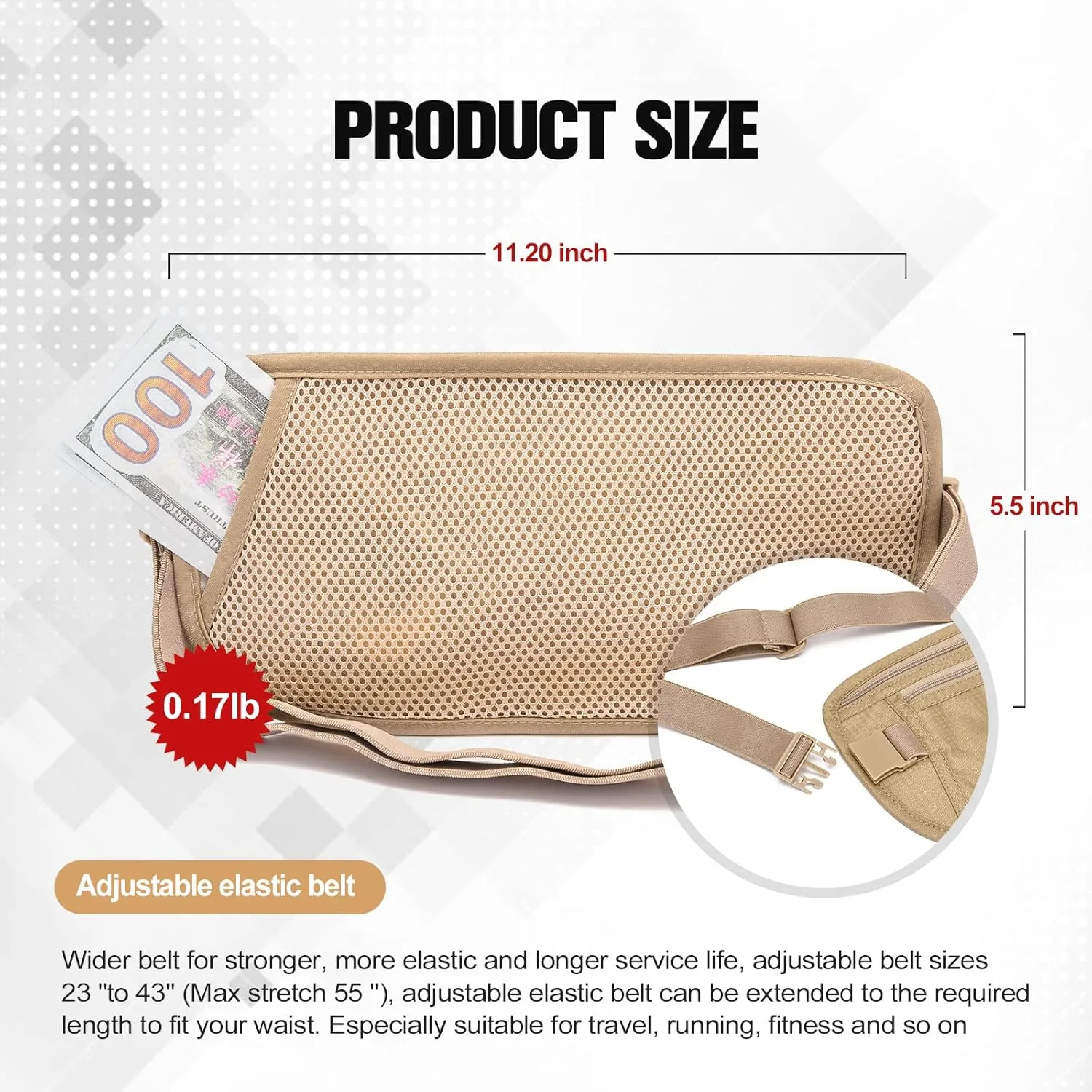 Unisex Money Belt For Men and Women, Slim Passport Holder RFID Blocking Travel Essentials Pouch with Adjustable Strap Small Waist Pouch for Workout Running Travelling Hiking, Beige & Light Grey