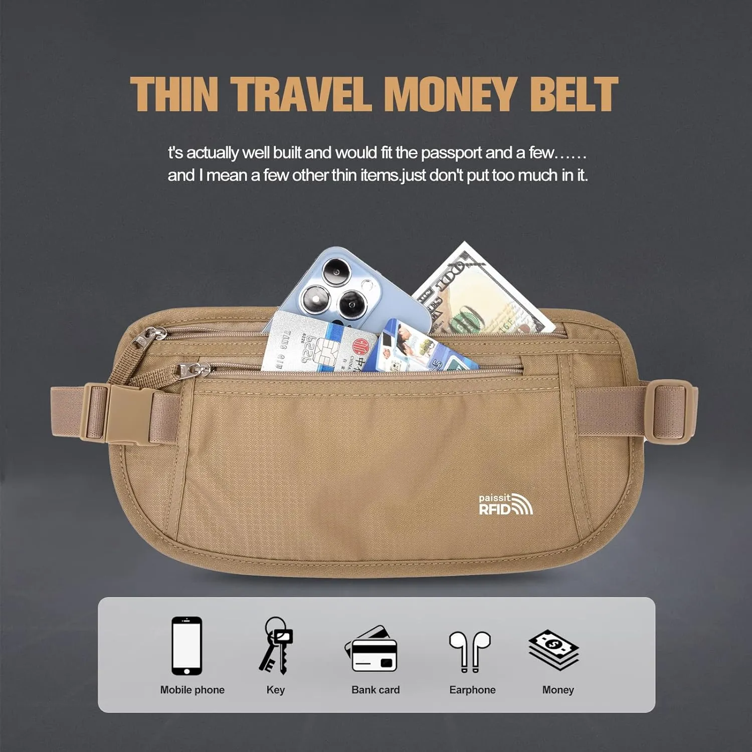 Unisex Money Belt For Men and Women, Slim Passport Holder RFID Blocking Travel Essentials Pouch with Adjustable Strap Small Waist Pouch for Workout Running Travelling Hiking, Beige & Light Grey