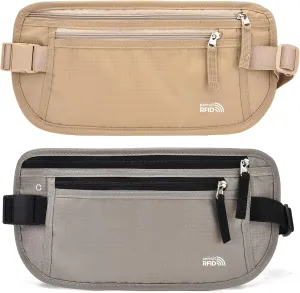 Unisex Money Belt For Men and Women, Slim Passport Holder RFID Blocking Travel Essentials Pouch with Adjustable Strap Small Waist Pouch for Workout Running Travelling Hiking, Beige & Light Grey