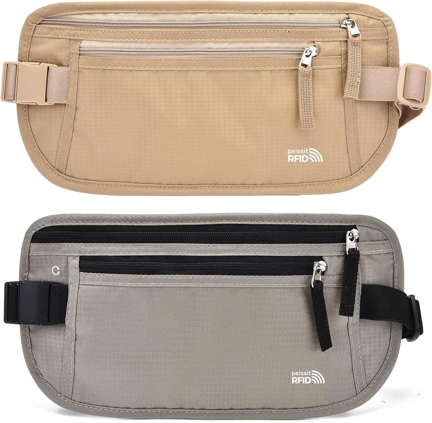 Unisex Money Belt For Men and Women, Slim Passport Holder RFID Blocking Travel Essentials Pouch with Adjustable Strap Small Waist Pouch for Workout Running Travelling Hiking, Beige & Light Grey