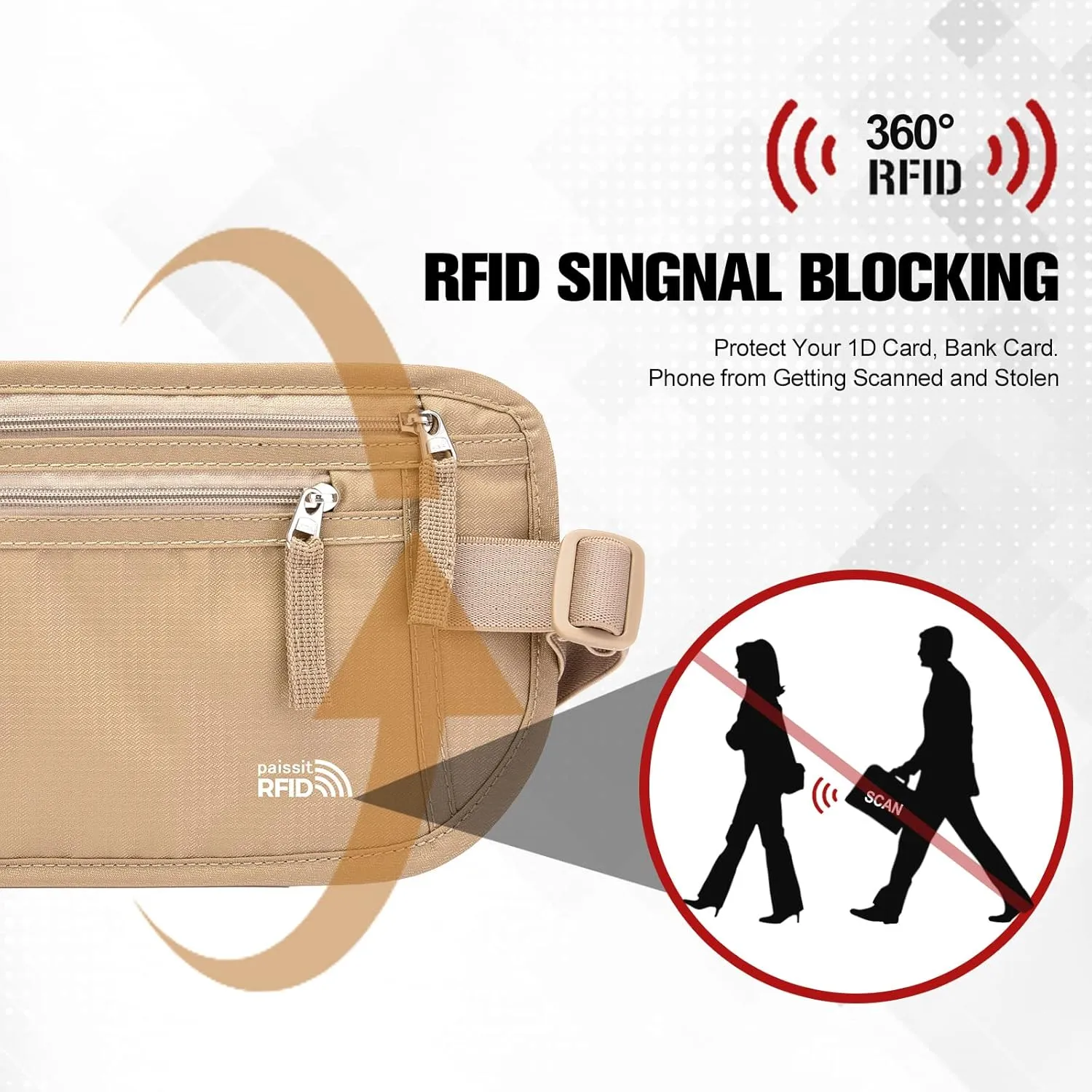 Unisex Money Belt For Men and Women, Slim Passport Holder RFID Blocking Travel Essentials Pouch with Adjustable Strap Small Waist Pouch for Workout Running Travelling Hiking, Beige & Light Grey
