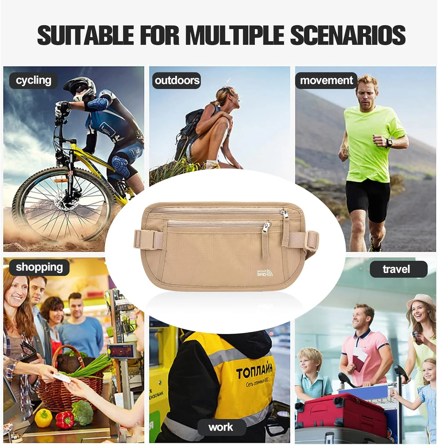 Unisex Money Belt For Men and Women, Slim Passport Holder RFID Blocking Travel Essentials Pouch with Adjustable Strap Small Waist Pouch for Workout Running Travelling Hiking, Beige & Light Grey