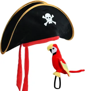 UOIENRT 2Pcs Pirate Hat Hat Skull Print & 10in Stuffed Parrot on Shoulder Pirate Costume Accessories for Halloween, School Play, Theater Performance