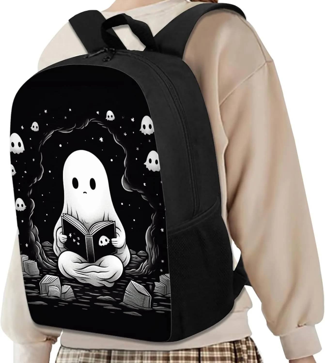 Uourmeti Kids Backpack with Lunch Box Pencil Case Set Cute Book Bags for Boys Girls, Cute Ghost, One Size, Daypack Backpacks