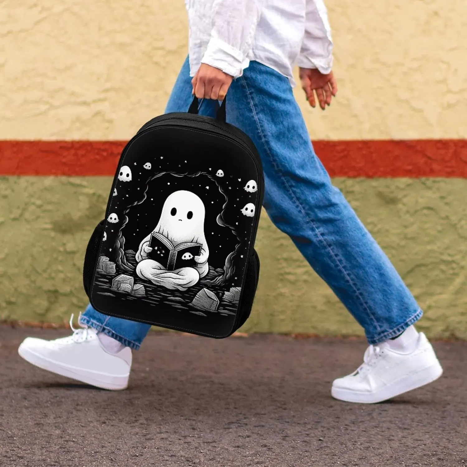 Uourmeti Kids Backpack with Lunch Box Pencil Case Set Cute Book Bags for Boys Girls, Cute Ghost, One Size, Daypack Backpacks