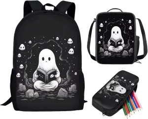 Uourmeti Kids Backpack with Lunch Box Pencil Case Set Cute Book Bags for Boys Girls, Cute Ghost, One Size, Daypack Backpacks