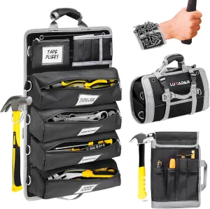 Updated Roll Up Tool Bag, Extra Features, 5 Detachable Pouches with Name Tags, Magnetic Wristband, Water & Grease Resistant, Heavy-Duty Tool Organizer, Shoulder Strap, Gift
