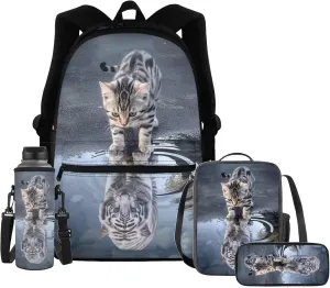 Upetstory Cat Tiger Backpacks for Girls Boys Kids School Bag Set 4 IN 1 Children School Backpack with Lunch Box Pencil Case Teen High Middle School Bookbag Elementary Preschool Water Bottle Sleeve