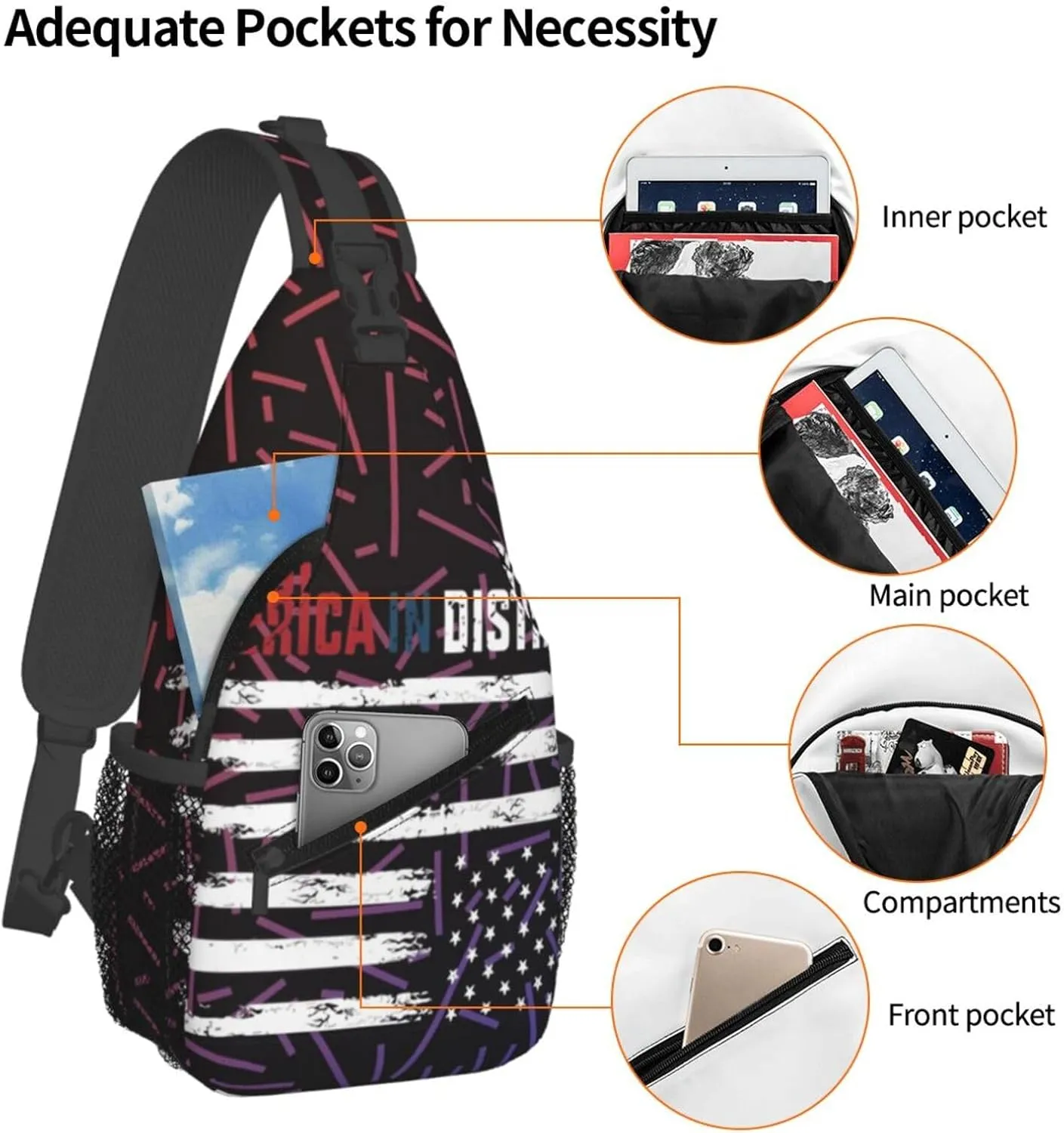 Upside Down American America In Distress Crossbody For Men Women Sling Chest Bag Shoulder Bag Lightweight One Strap Backpack Hiking Daypack