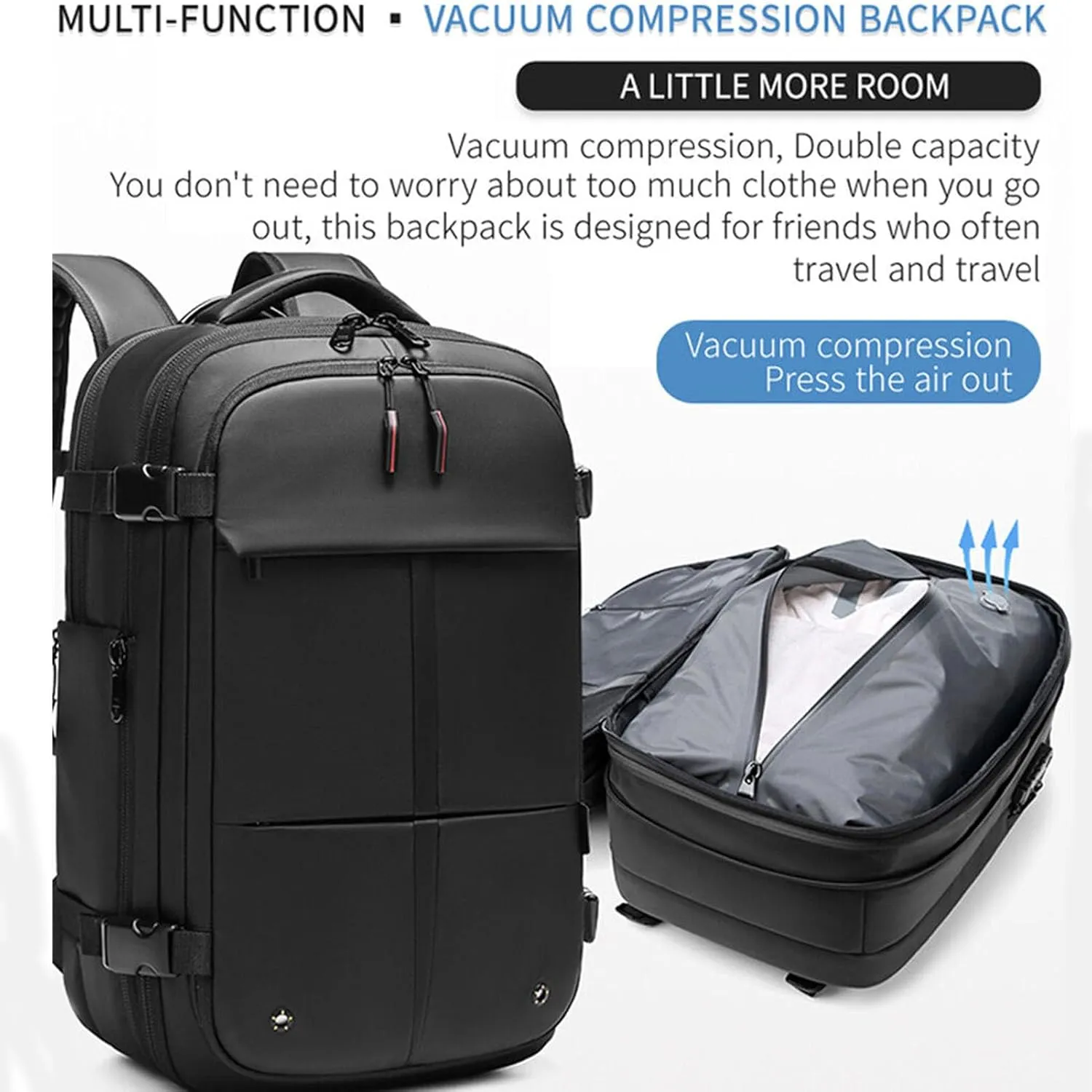 Vacpack Backpack, Vacpack Vacuum Backpack Luggage, Waterproof And Anti-Theft Expandable Large Capacity (Black)