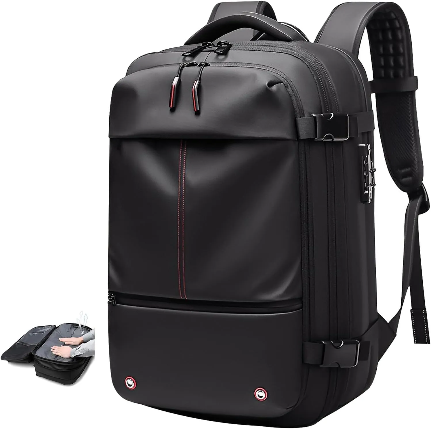Vacuum Backpack - Water proof 60L Expandable Air back Backpack with Vacuum Pump, 19 Inch Airbag Rucksack with TSA Lock, Anti Theft Vacpack Backbag for Travel & Busines (Black)