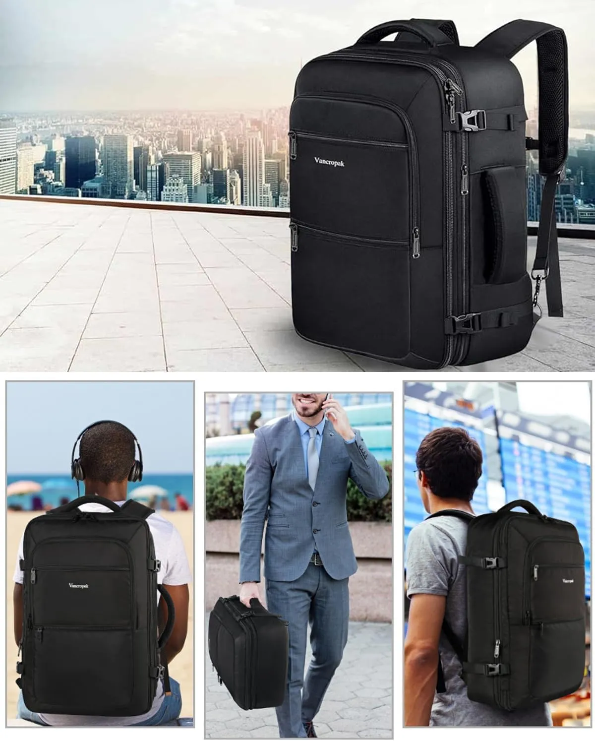 Vancropak 35L Carry on Bags for Airplanes, Luggage Backpack for Travel, Flight Approved Travel Bag for Men & Women, Water Resistant Suitcase Backpack Weekender Business Daypack Overnight Bag, Black