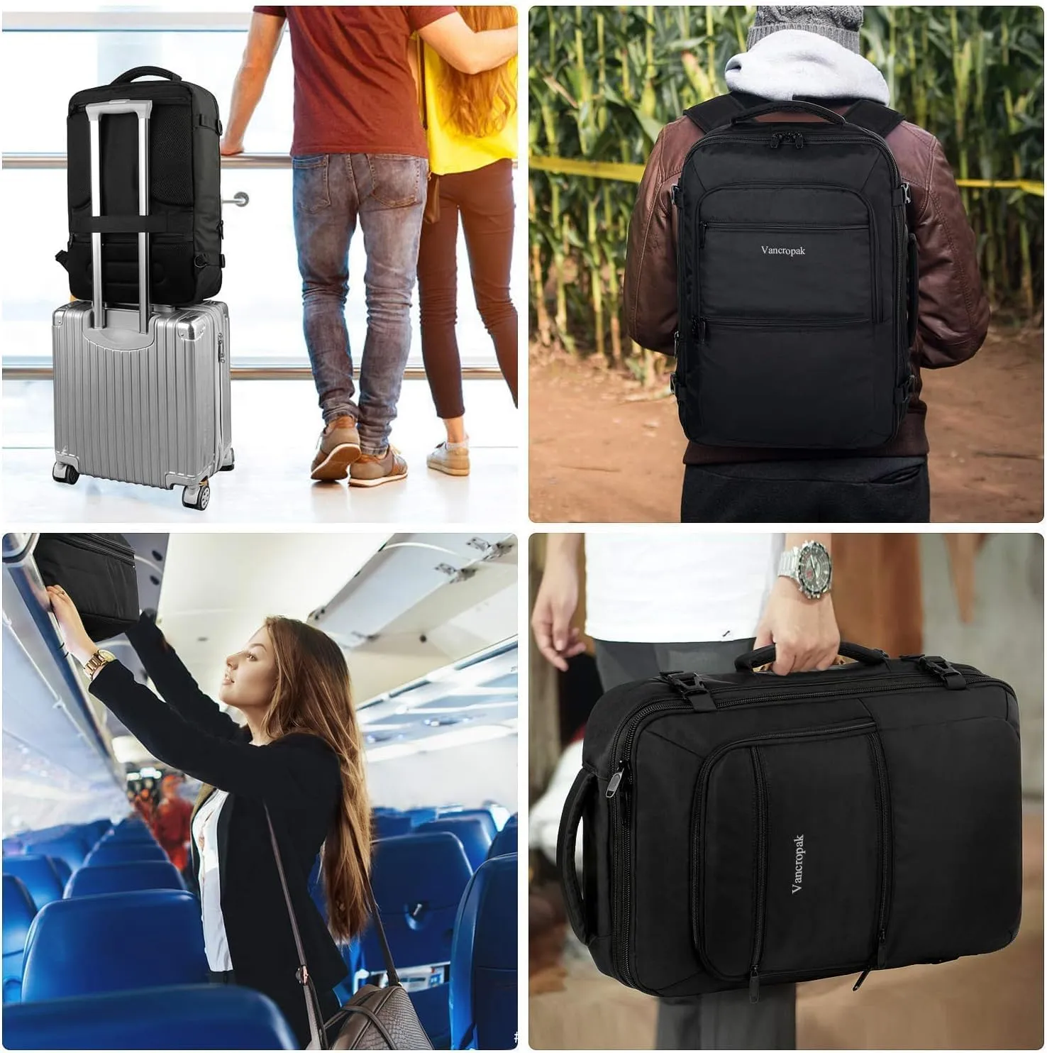 Vancropak 35L Carry on Bags for Airplanes, Luggage Backpack for Travel, Flight Approved Travel Bag for Men & Women, Water Resistant Suitcase Backpack Weekender Business Daypack Overnight Bag, Black