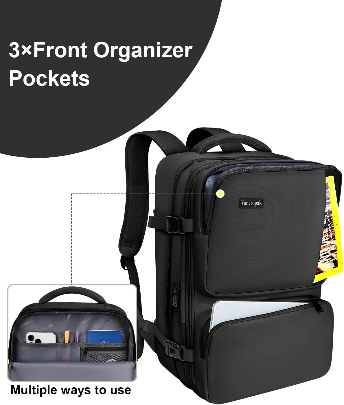 Vancropak Carry on Backpack, 47L Expandable Extra Large Travel Backpack with 3 Packing Cubes, Flight Approved Water Resistant Luggage Suitcase Weekend Duffle Bag Overnight Daypack for Men Women, Black