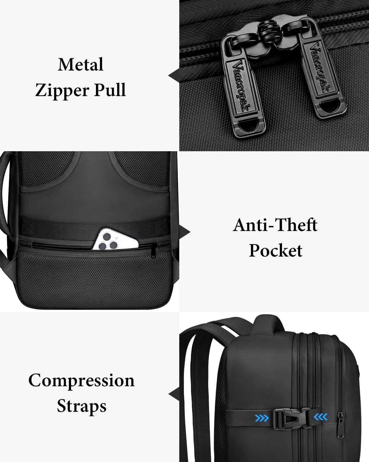 Vancropak Carry on Backpack, 47L Expandable Extra Large Travel Backpack with 3 Packing Cubes, Flight Approved Water Resistant Luggage Suitcase Weekend Duffle Bag Overnight Daypack for Men Women, Black