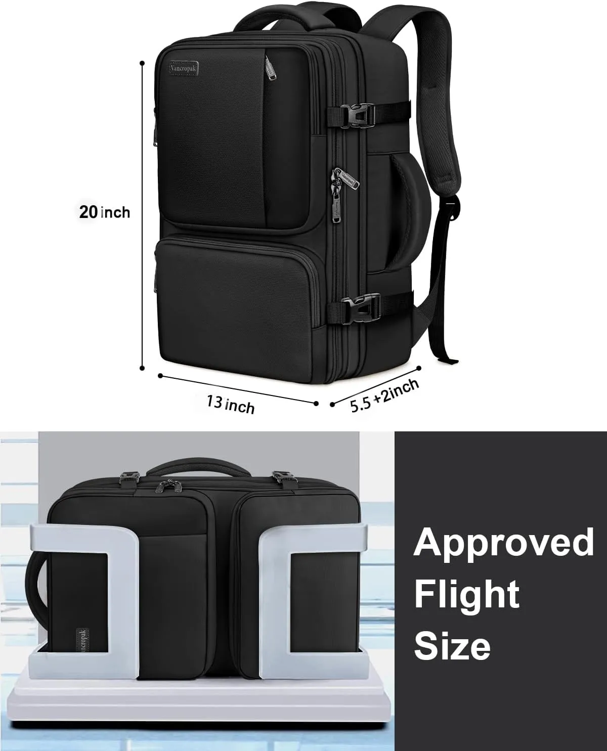 Vancropak Carry on Backpack, 47L Expandable Extra Large Travel Backpack with 3 Packing Cubes, Flight Approved Water Resistant Luggage Suitcase Weekend Duffle Bag Overnight Daypack for Men Women, Black