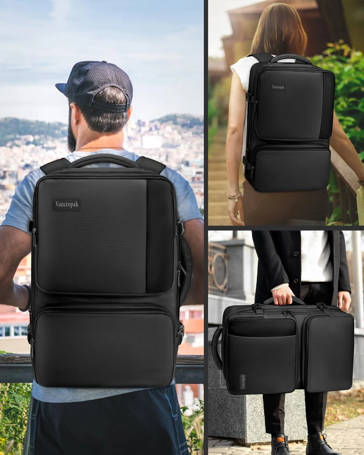 Vancropak Carry on Backpack, 47L Expandable Extra Large Travel Backpack with 3 Packing Cubes, Flight Approved Water Resistant Luggage Suitcase Weekend Duffle Bag Overnight Daypack for Men Women, Black