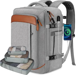 Vancropak Carry on Backpack, Flight Approved Travel Backpack with 3 Packing Cubes, Expandable Large 40L Travel Bag fits 17.3" Laptop, Anti Theft Luggage Suitcase Weekend Daypack for Women Men, Grey