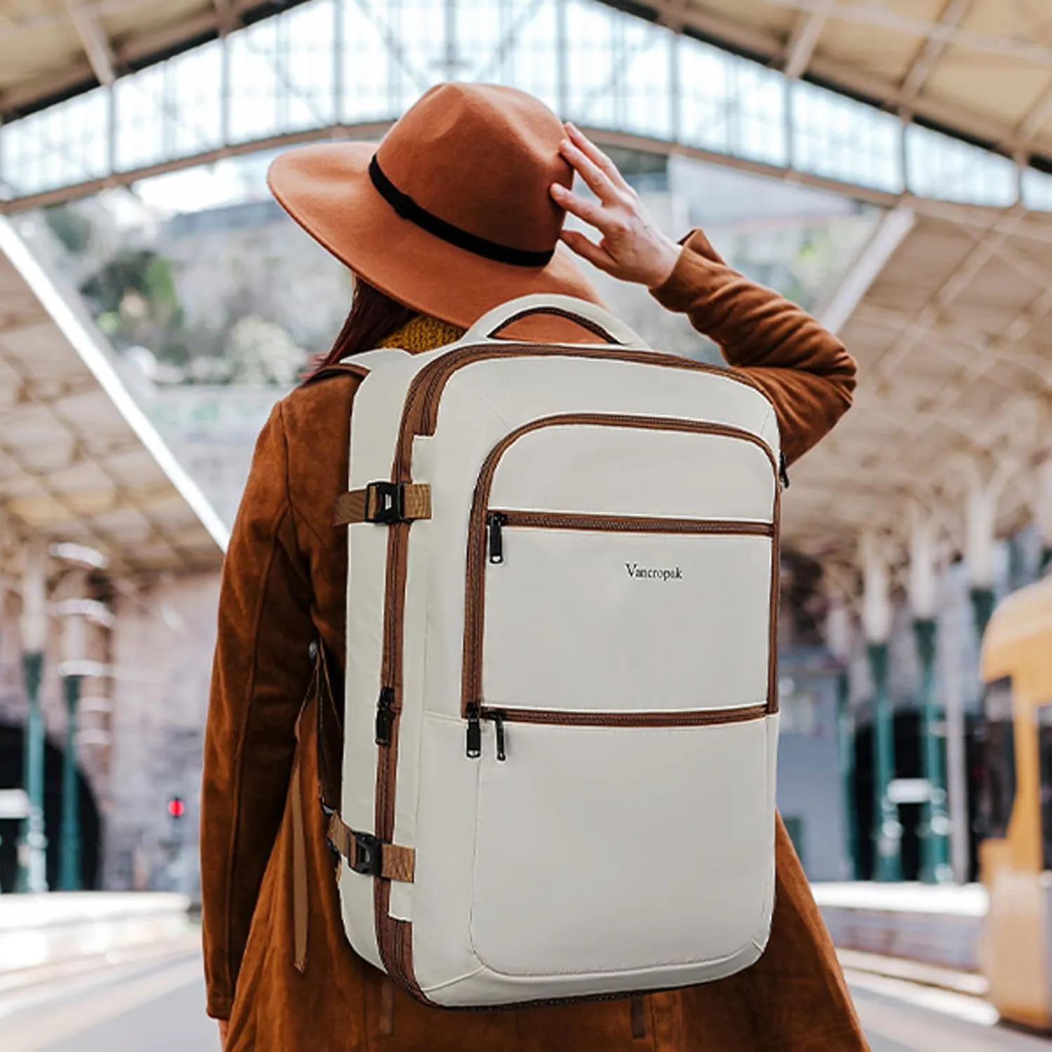 Vancropak Travel Backpack for Women Men, 50L Expandable Carry on Airline Approved Bag, Water Resistant Overnight Suitcase Luggage Weekender Daypack Duffel Bag for Traveling, Business, Hiking, Beige