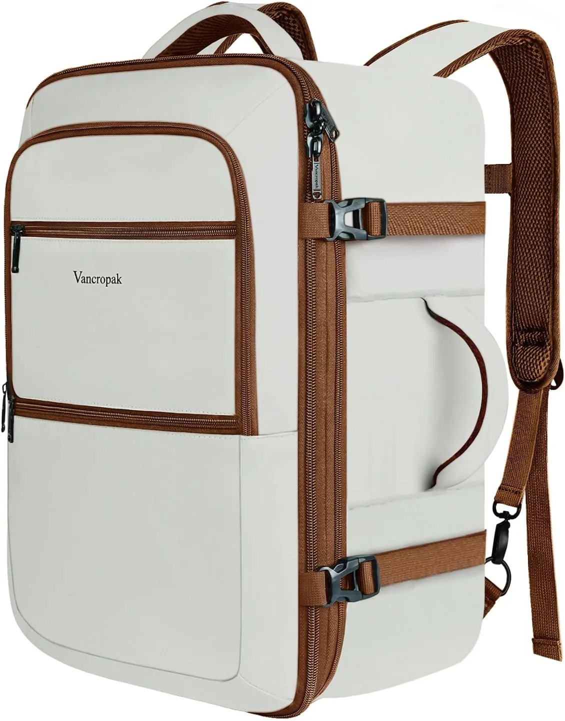 Vancropak Travel Backpack for Women Men, 50L Expandable Carry on Airline Approved Bag, Water Resistant Overnight Suitcase Luggage Weekender Daypack Duffel Bag for Traveling, Business, Hiking, Beige
