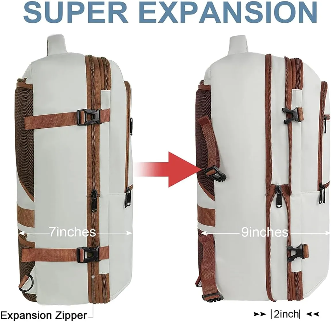 Vancropak Travel Backpack for Women Men, 50L Expandable Carry on Airline Approved Bag, Water Resistant Overnight Suitcase Luggage Weekender Daypack Duffel Bag for Traveling, Business, Hiking, Beige