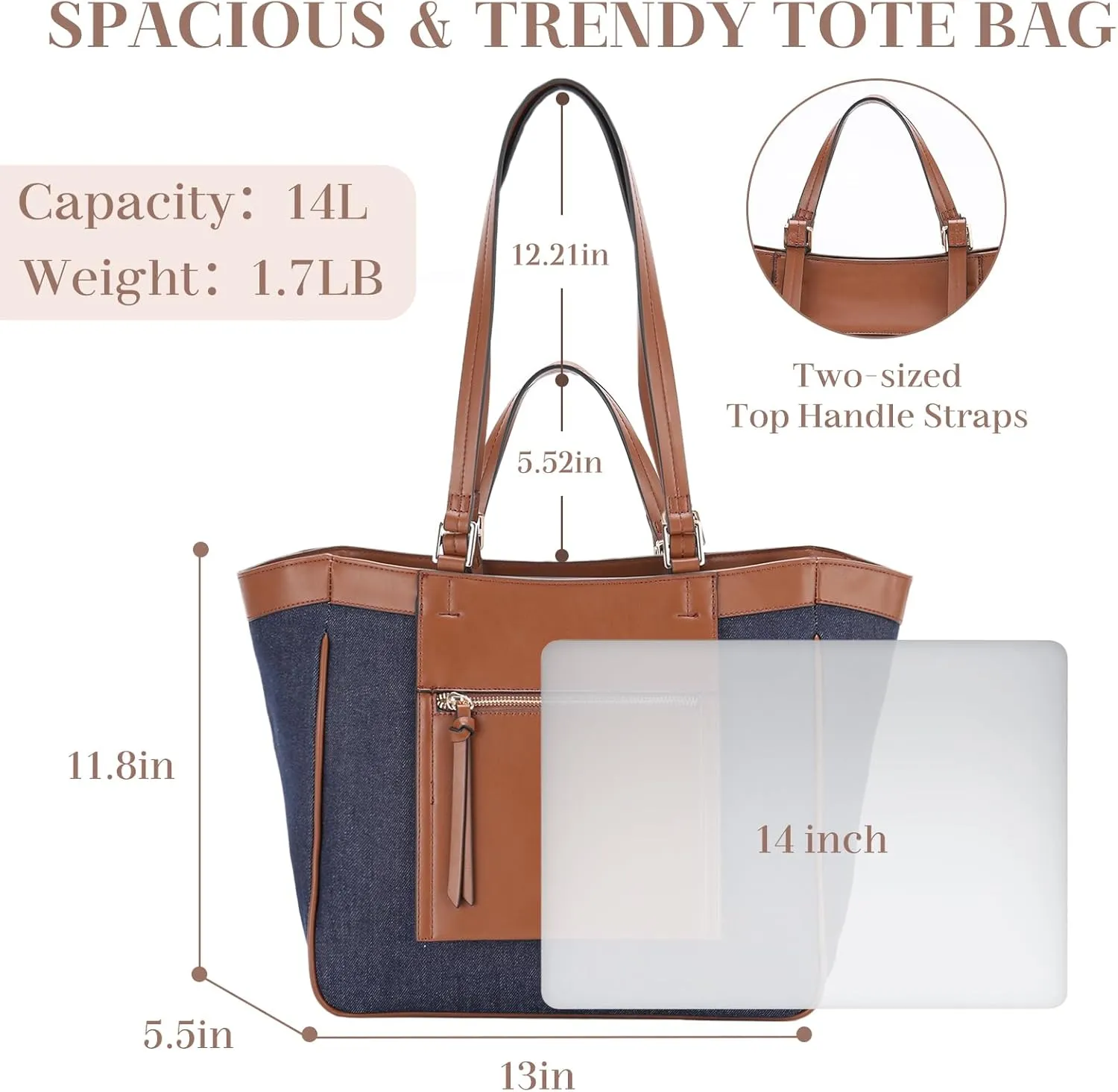 VASCHY Tote Bag Purse for Women, Fashion Canvas Vegan Leather Patchwork Satchel Shoulder Bag Handbag for Work